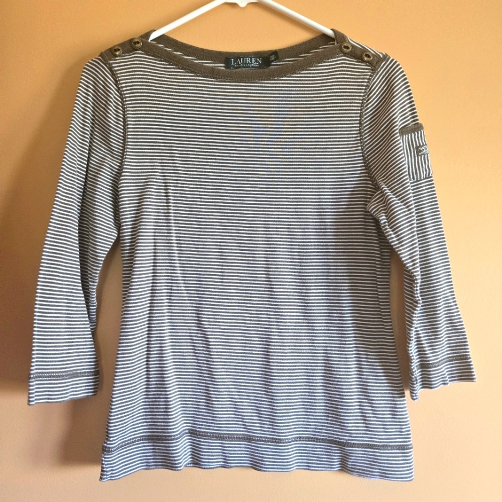 Lauren Ralph Lauren Brown Striped Top PTP=17.25"